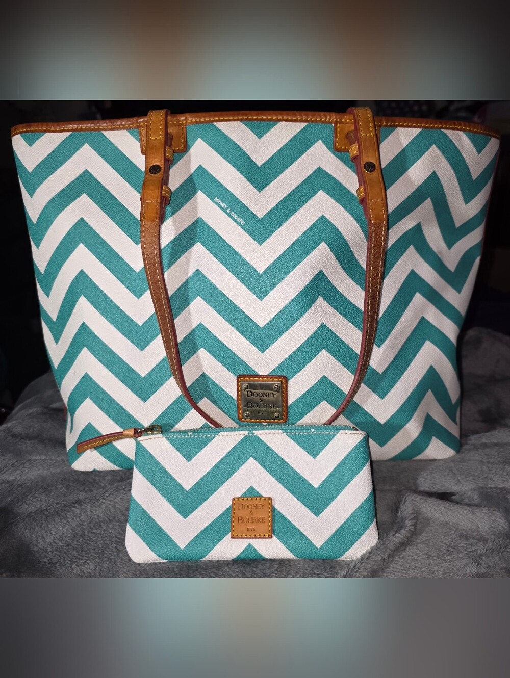 Dooney & Bourke Teal and White Chevron Tote with Matching Wristlet